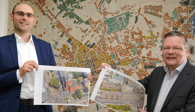 CDO Markus Lewitziki und Udo Hannok als Leitung der Abteilung „Geoinformationen“ bringen mit einer Dortmunder Firma eine 3D-Simulation der Stadt auf den Weg.Foto: Stadt Krefeld, Presse und Kommunikation, Strücken