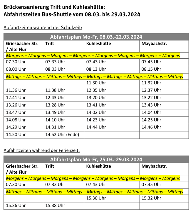 Abfahrtsplan Bus-Shuttle März 2024