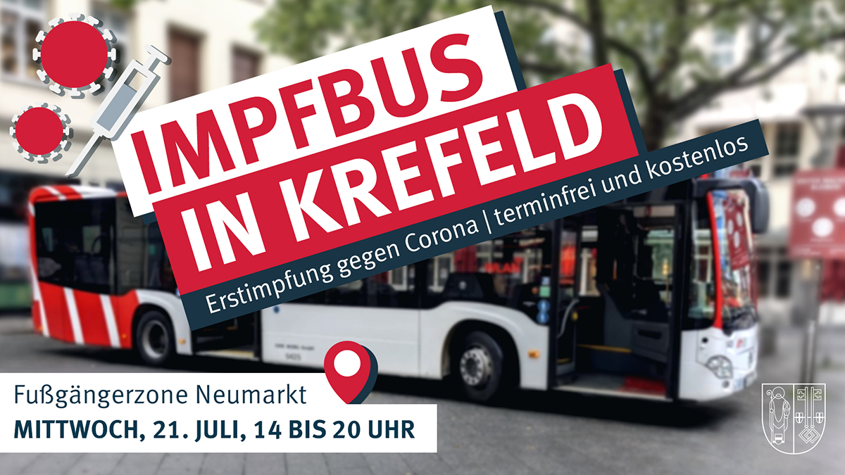 Mit diesem Bild wird die Aktion "Impfbus" in Krefeld in den digitalen Netzwerken und auf den digitalen Schautafeln ("Digiboards") beworben.