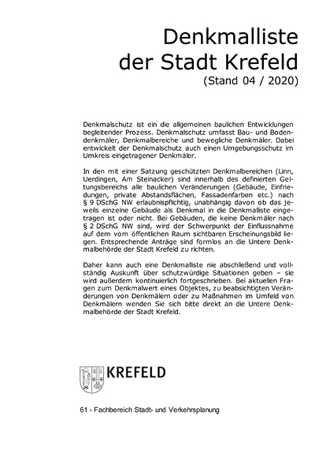 Titelbild der Krefelder Denkmalliste