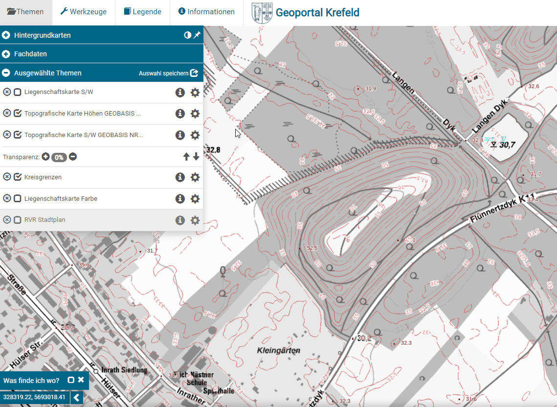 Geoportal Krefeld mit topografischer Karte und Höhendarstellung
