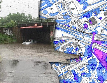 Überschwemmte Straße und Ausschnitt aus der Karte
