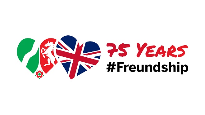 Logo 75 Jahre Freundschaft zwischen NRW und Großbritannien (Logo: Ministerium für Bundes- und Europaangelegenheiten sowie Internationales).