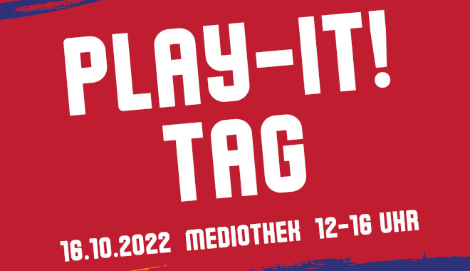 Ankündigung zum Play-It! Tag in der Mediothek.Grafik: Stadt Krefeld, Mediothek