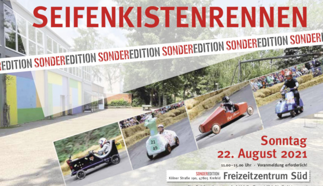 Der Flyer für das Seifenkistenrennen 2021. Quelle: Stadt Krefeld Der Flyer für das Seifenkistenrennen 2021. Quelle: Stadt Krefeld