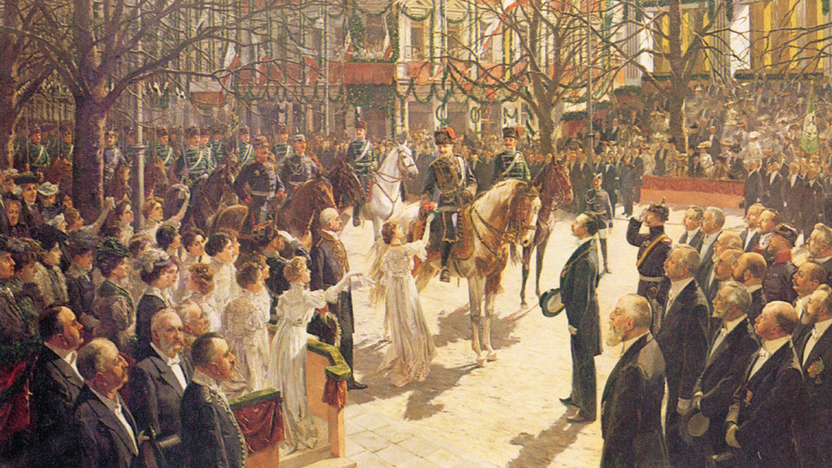 Wilhelm II. zieht an der der Spitze des Husaren-Regiments Nr. 11 am 2. April 1906 in Krefeld ein. Der Maler Carl Röhling hielt dieses Ereignis fest. Repro. Stadtrchiv