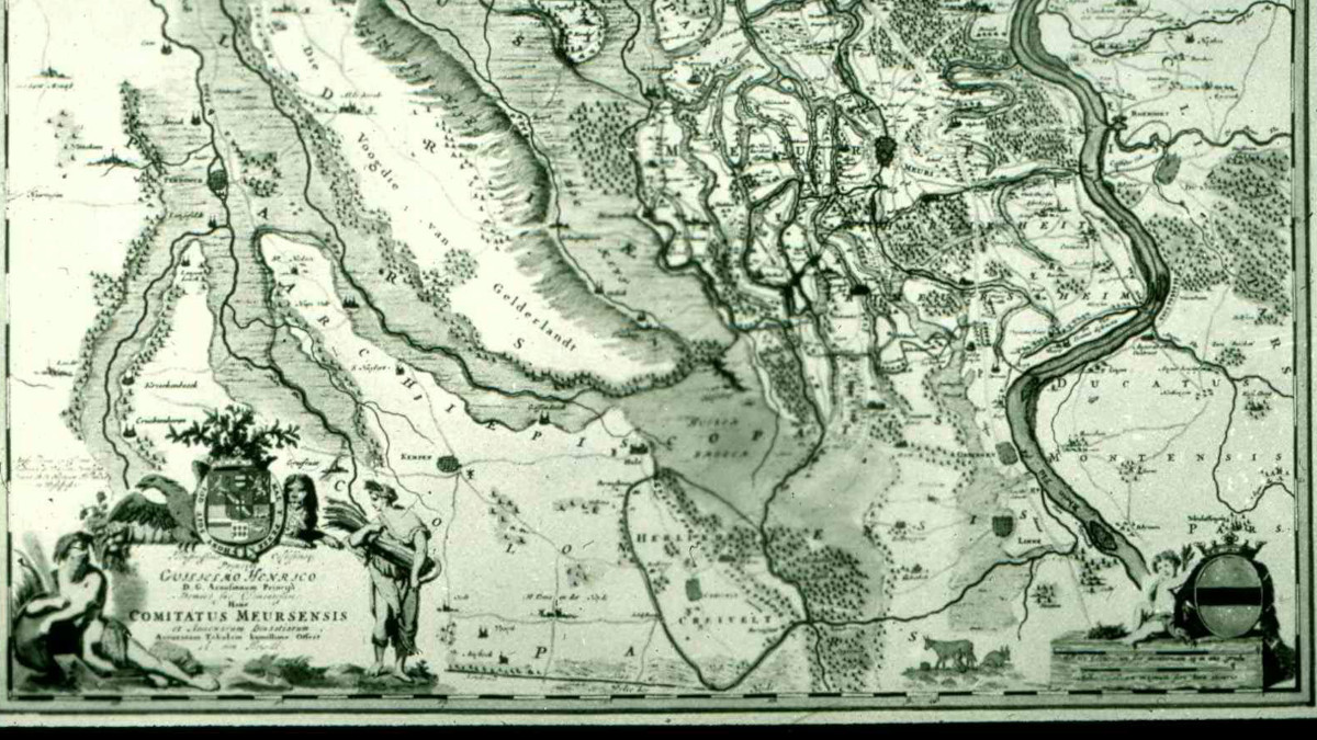 Die Karte der Grafschaft Moers von Arnold von Heurdt stammt erst aus dem 17. Jahrhundert, gibt aber einen guten Eindruck von der in sich abgeschlossenen Lage. Bild: Stadt Krefeld, Stadtarchiv Krefeld