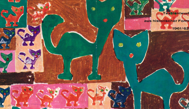 Cover zur Ausstellung 1961/62 mit einem studentischen Entwurf aus der Meisterklasse für Textilkunst an der Textil-Ingenieur-Schule in Krefeld . Foto: Deutsches Textilmuseum Krefeld