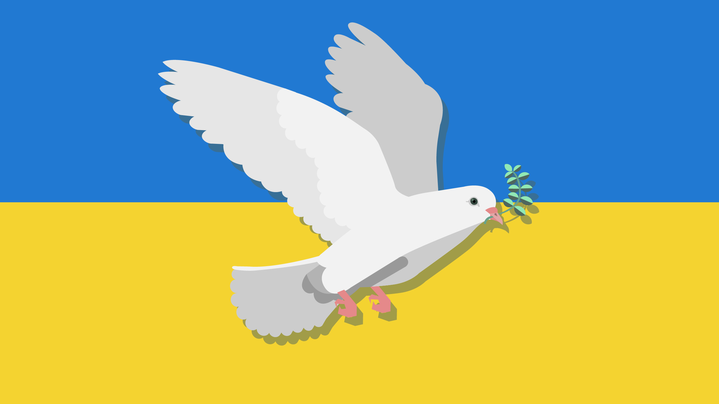 Eine Grafik von einer Friedenstaube, die vor der ukrainischen Flagge fliegt.