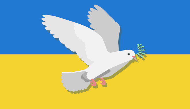 Die Grafik zeigt eine Friedenstaube, die vor der ukrainischen Flagge fliegt.