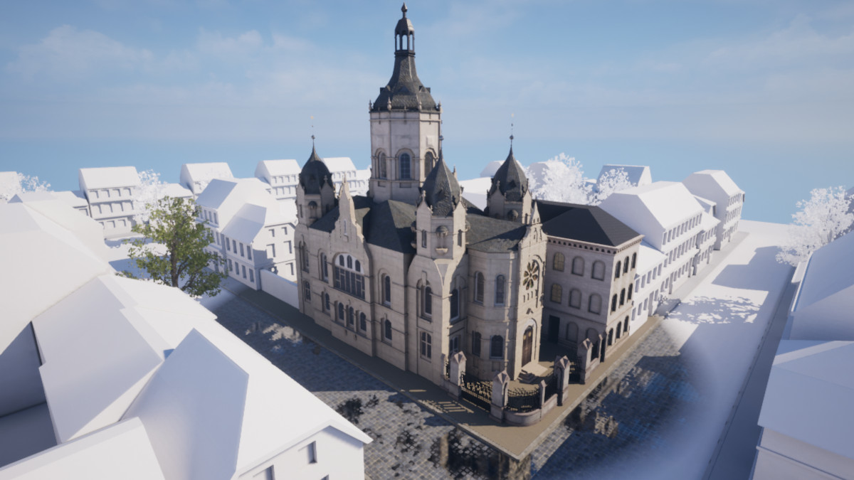 Eindrücke wie aus einem Computerspiel: So hat man die Burg Linn und die Alte Synagoge noch nicht gesehen. Grafik: Die Weltenweberei