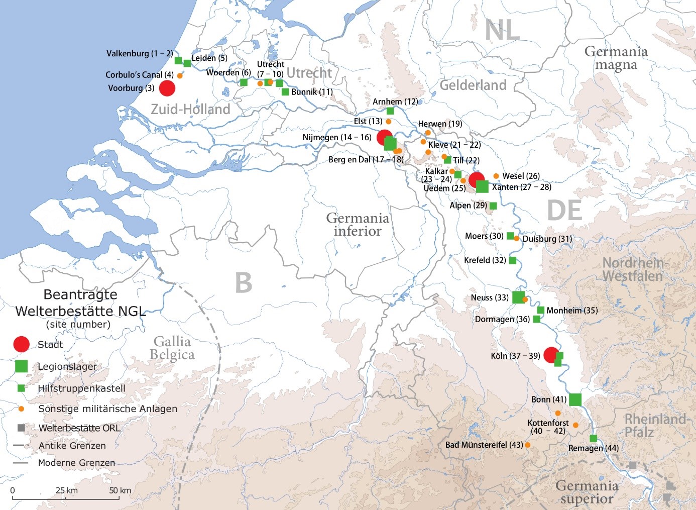 Charakteristisch für den Niedergermanischen Limes ist der komplette Verlauf entlang des Rheins