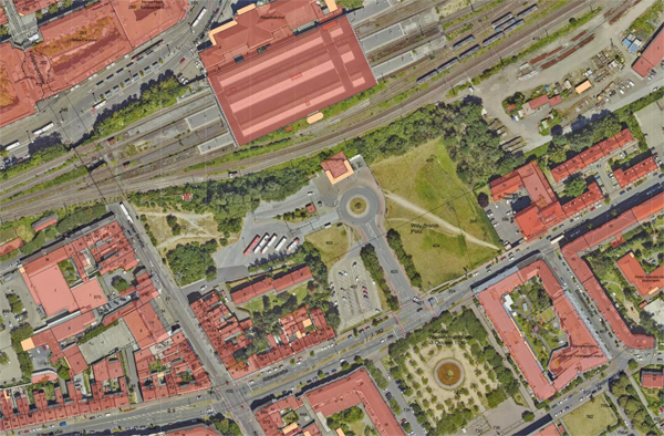 Luftbild des Willy-Brandt-Platzes südlich des Krefelder Hauptbahnhofes